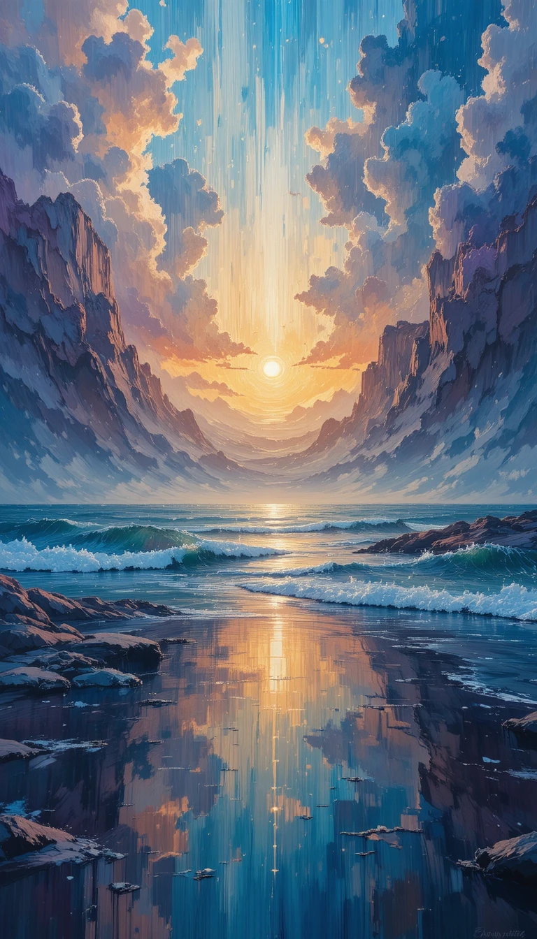 Pintura impasto com espátula de um mar reflexivo