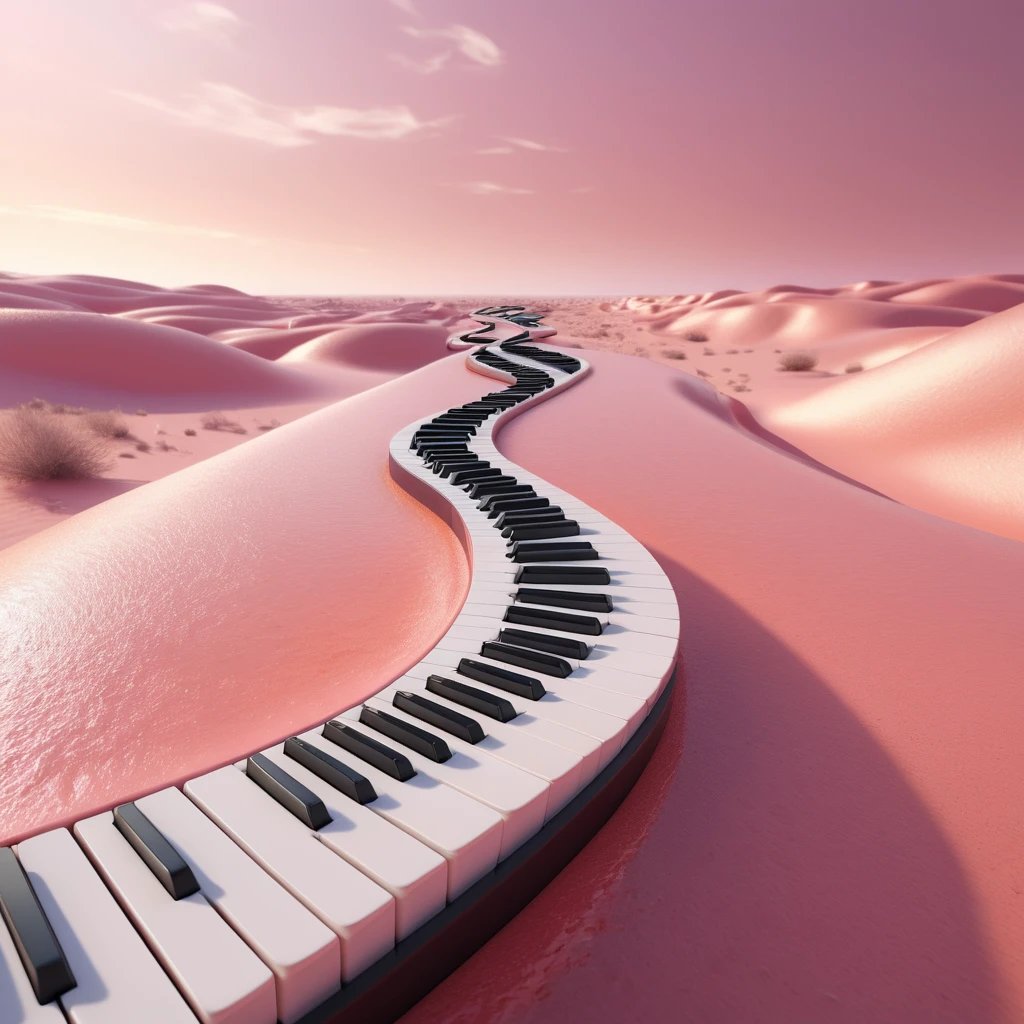 Sentiero Curvo di Pianoforte che Serpeggia in un Deserto Liquido Rosa
