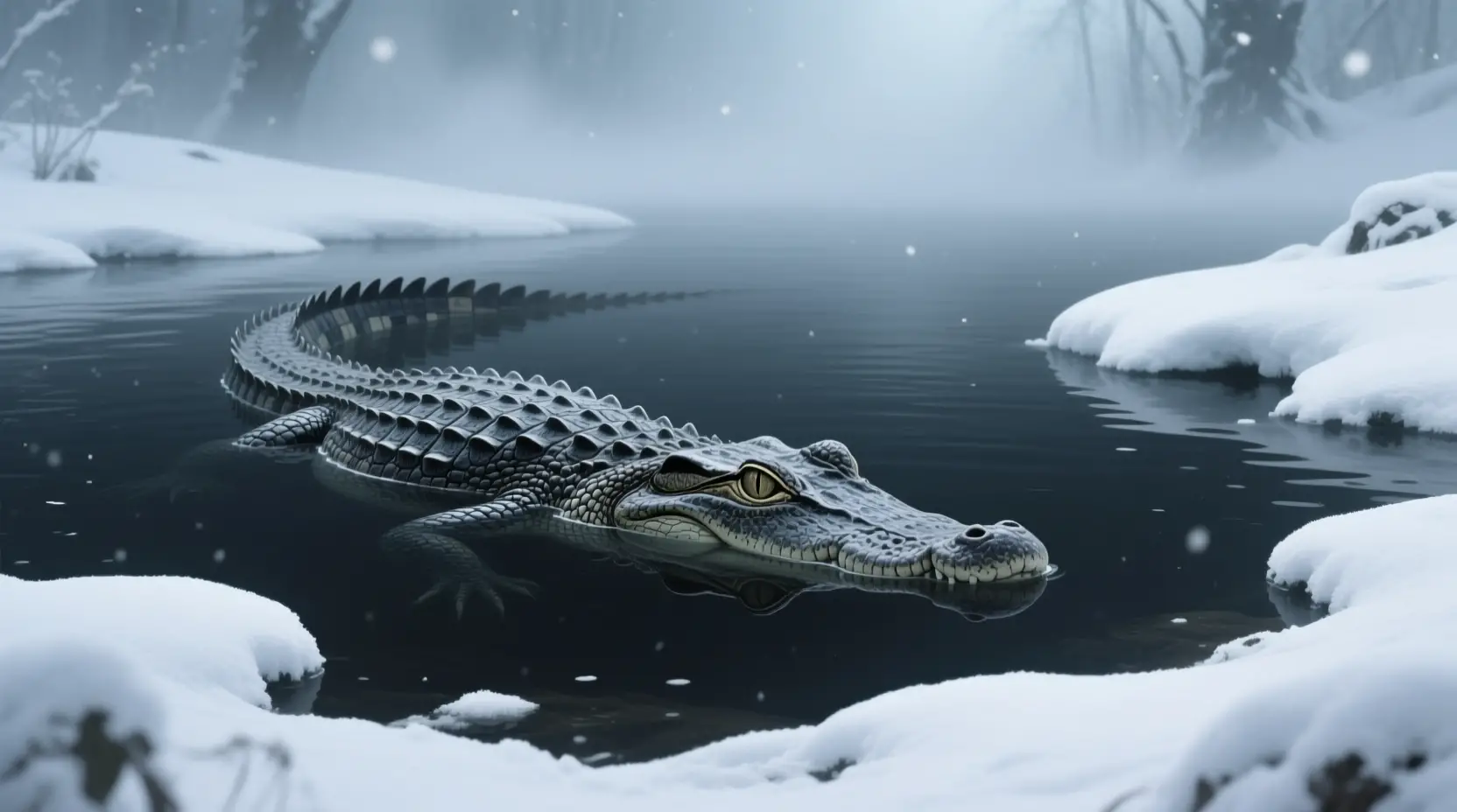 Crocodile Watching From Dark Water In Silent Winter Snow