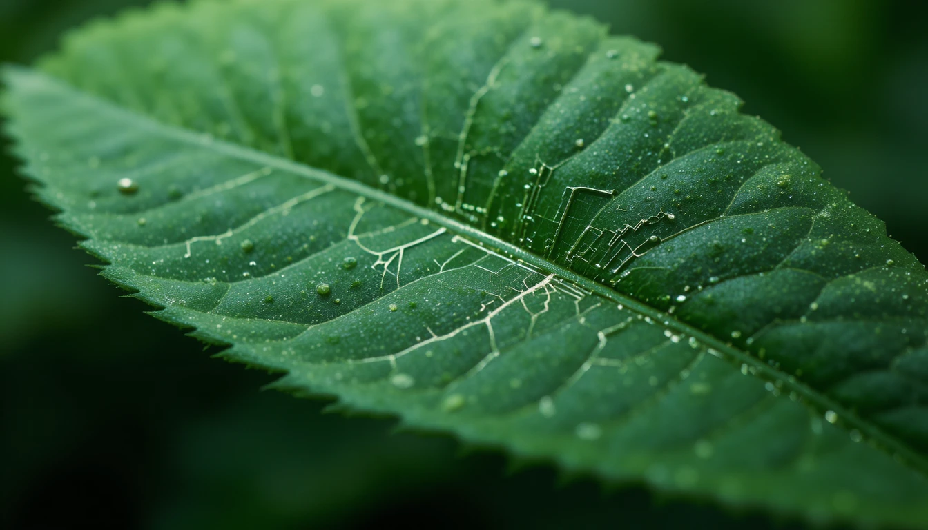 Feuille verte en macro avec délicat motif de circuit imprimé dans les nervures