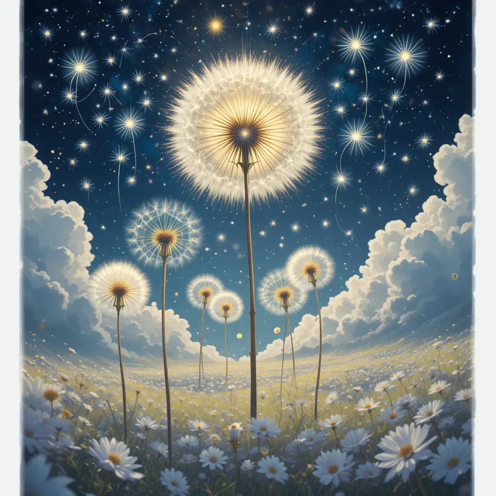 夢幻天堂場景中寫實發光的蒲公英花朵
