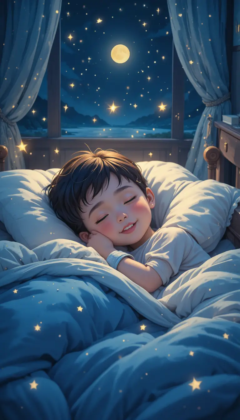 Smiling child sleeping peacefully under soft starlight glow