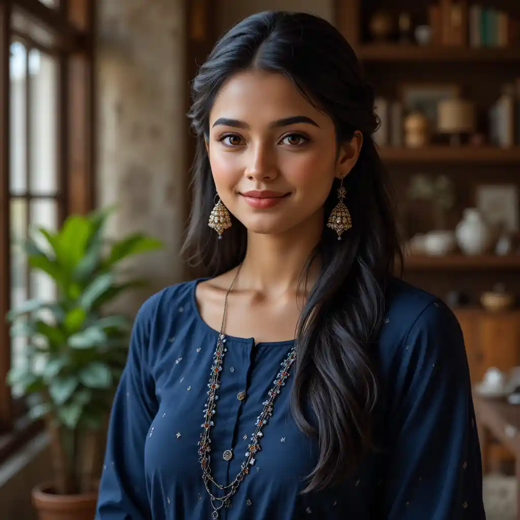 Indische virtuelle Influencerin mit warmem, selbstbewusstem Lächeln