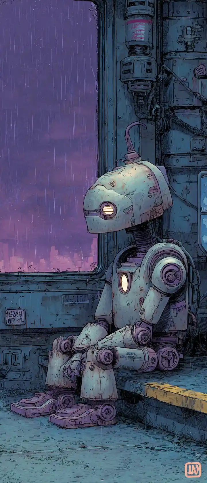 Sad robot sitting alone in an industrial interior