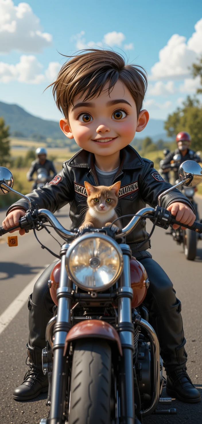 Pequeno motociclista pilotando com seu gato de pelúcia na garupa
