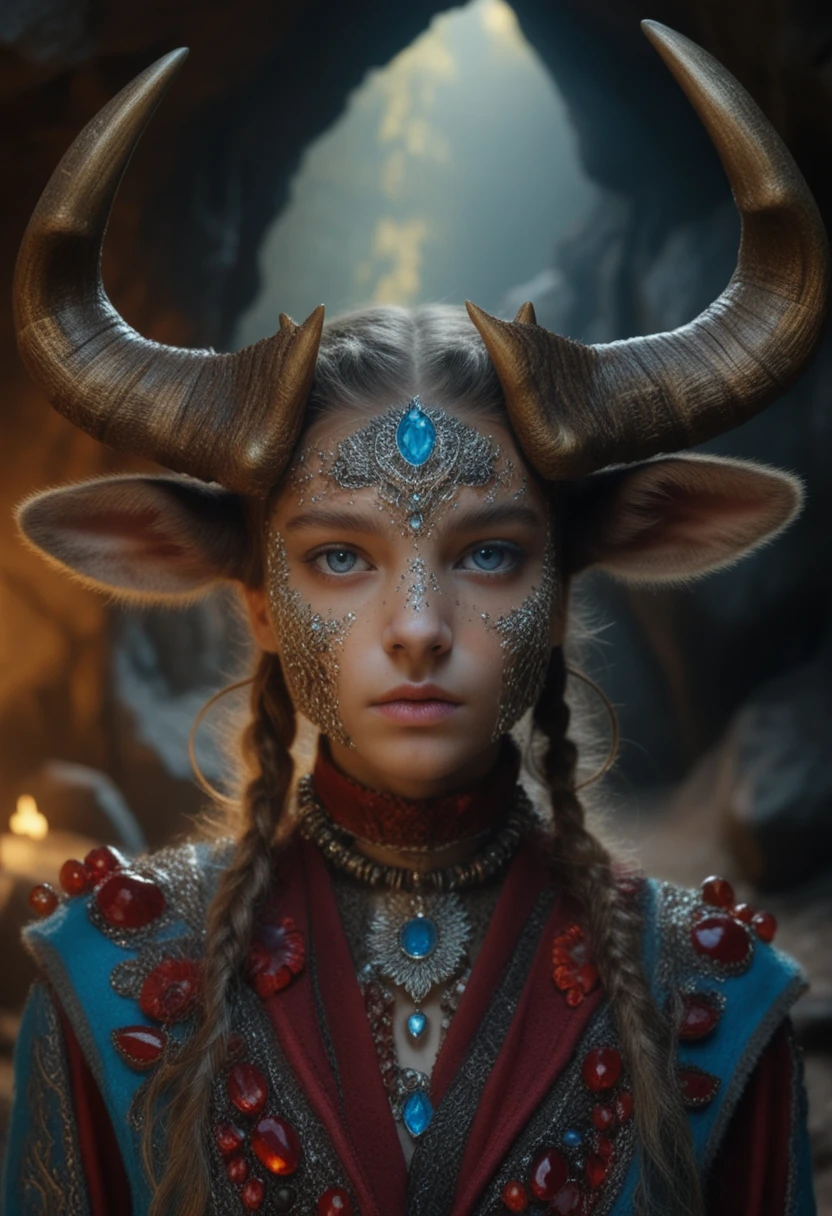 Angry deer girl transforming inside a luminous fantasy cave