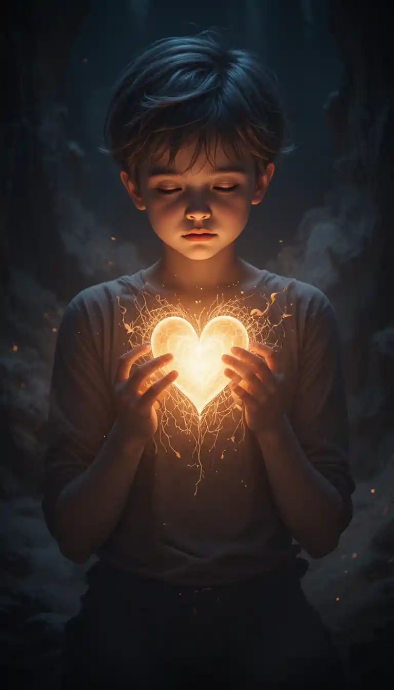 Luce di Cuore Luminoso che Trasforma un Bambino nelle Tenebre
