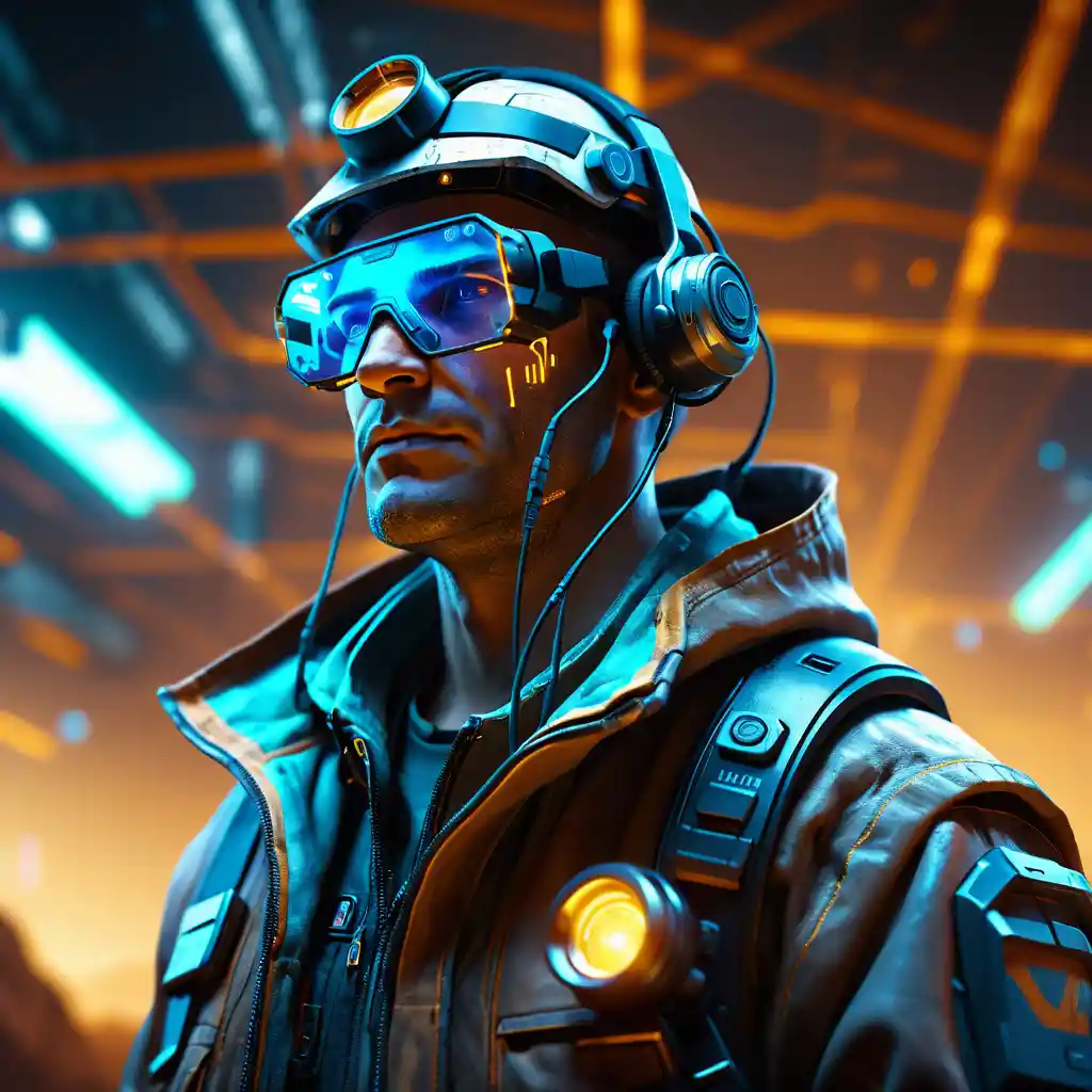 Cyberpunk-Bergmann mit AR-Headset in futuristischer Mine