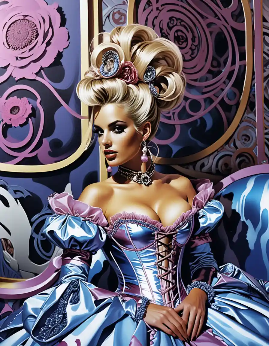Courtisane fantastique en corset rococo devant un balcon sur des montagnes néon