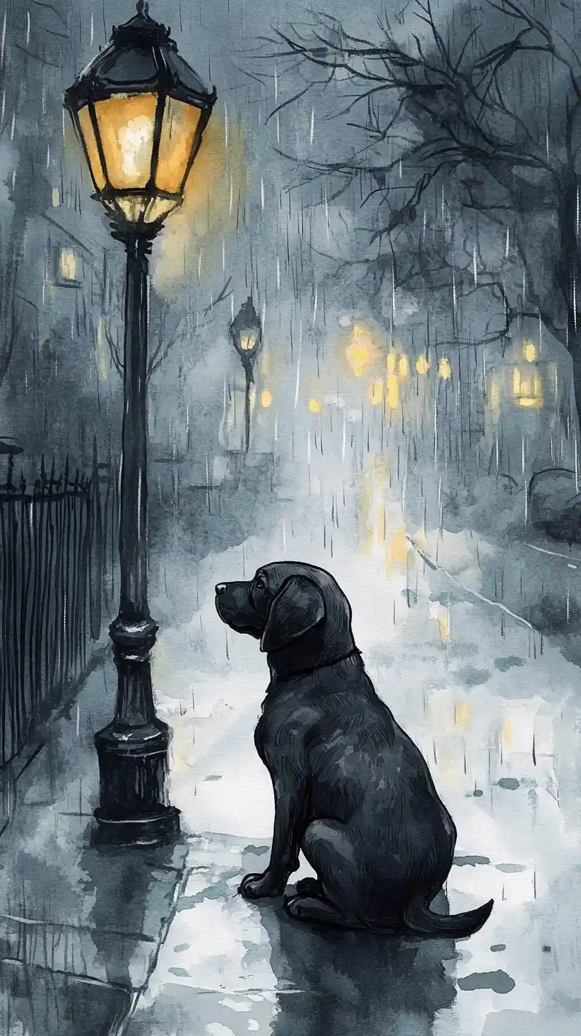 Black puppy under a street lamp on a rainy corner