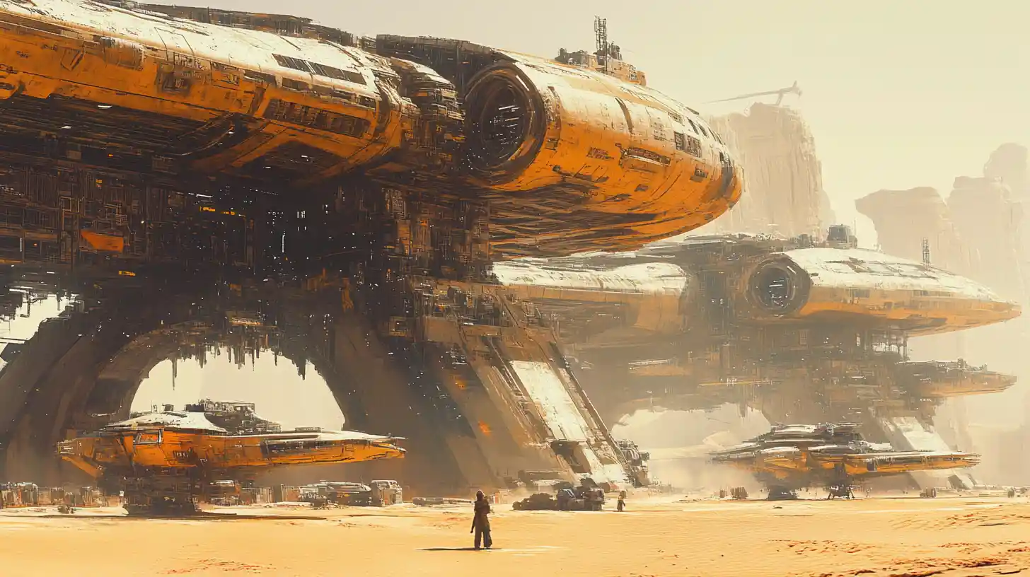 Gigantic spaceships under a vast desert refit station