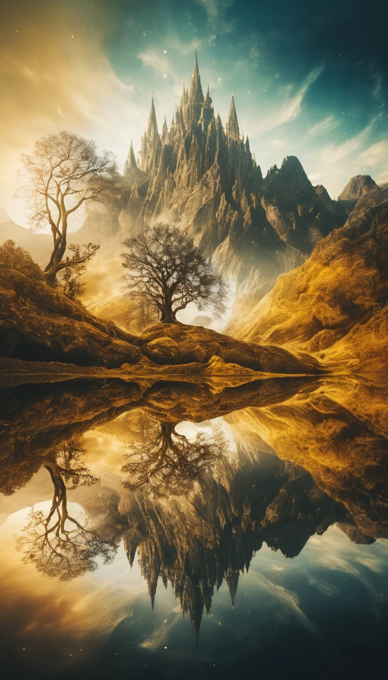 Mundos surreais em dupla exposição em uma paisagem dourada onírica