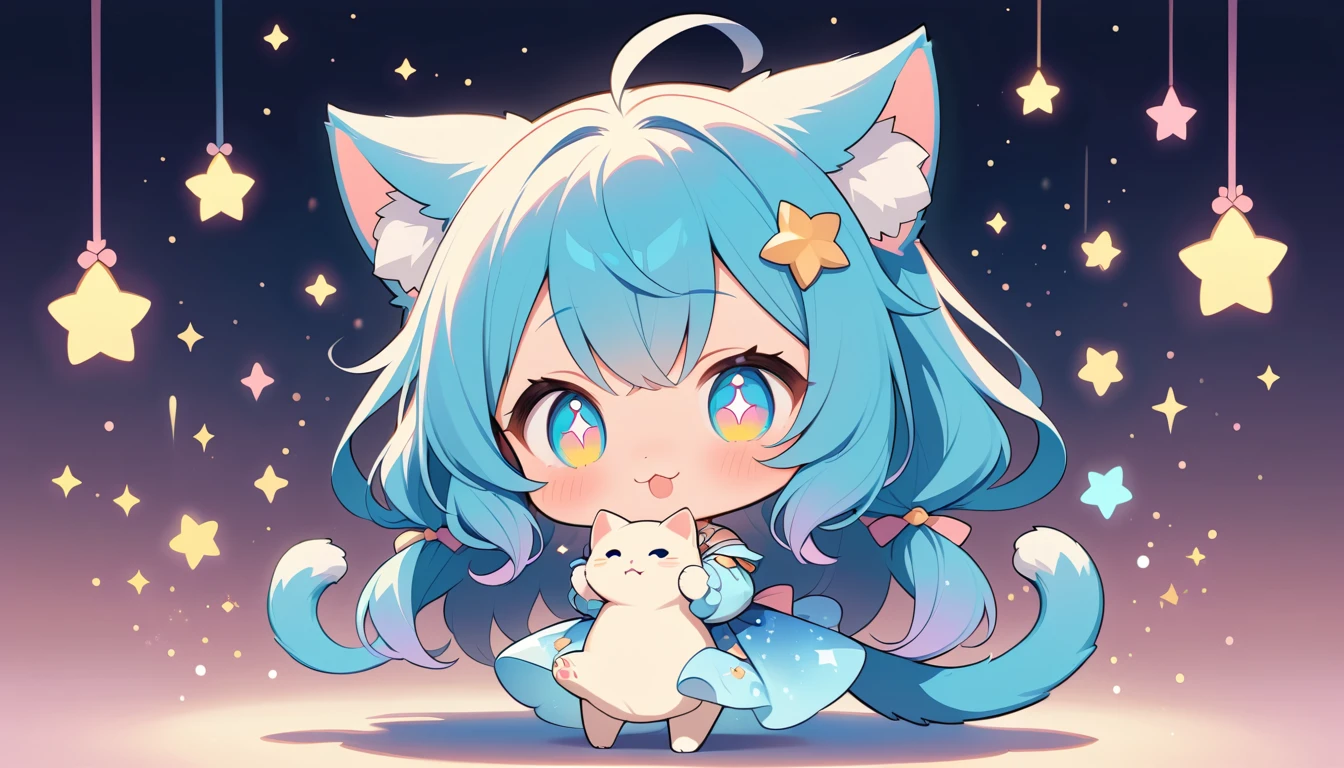 Adorável garota-gato de anime chibi 3D lançando magia suave