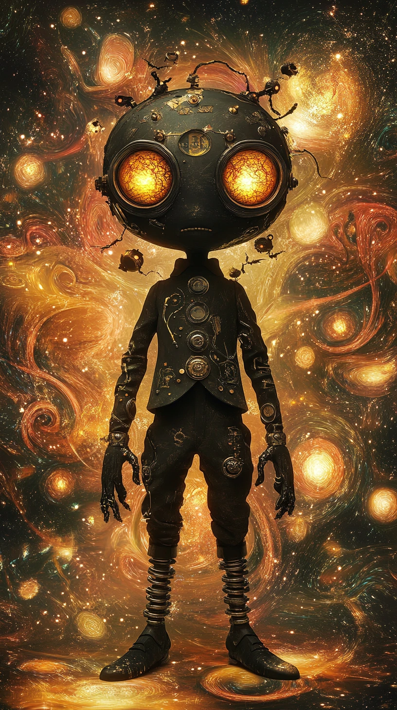 Criatura humanoide sinistra em traje steampunk retorcido