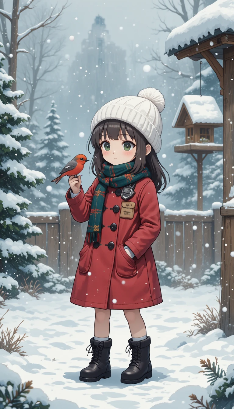 Cute anime girl feeding birds in snowy pine forest