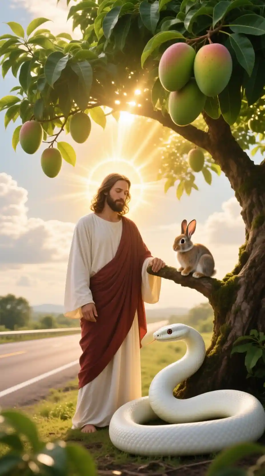 Jesus Standing By Mango Tree With Rabbit And White Snake