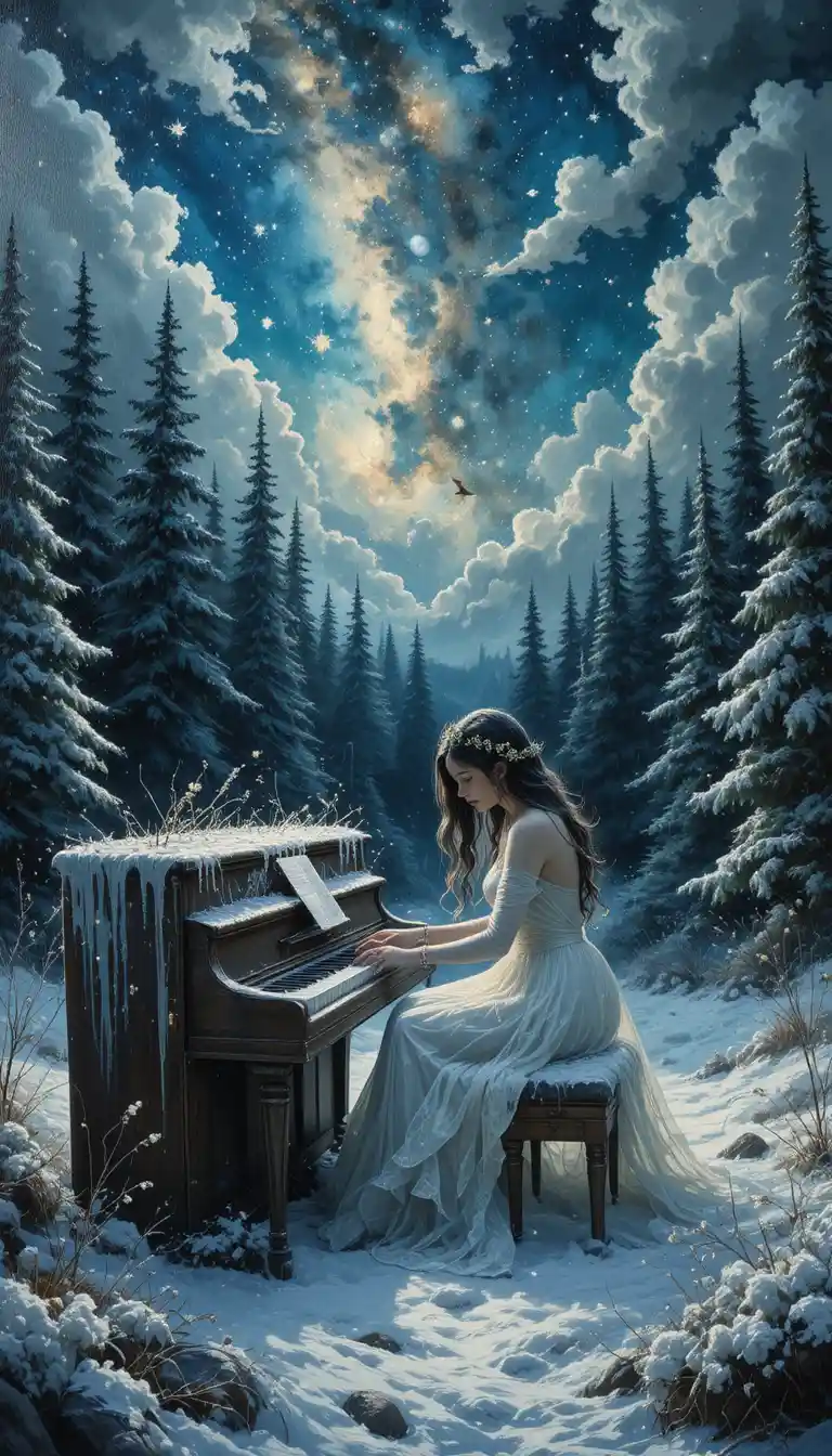 Ethereal woman playing a frosty piano in winter forest