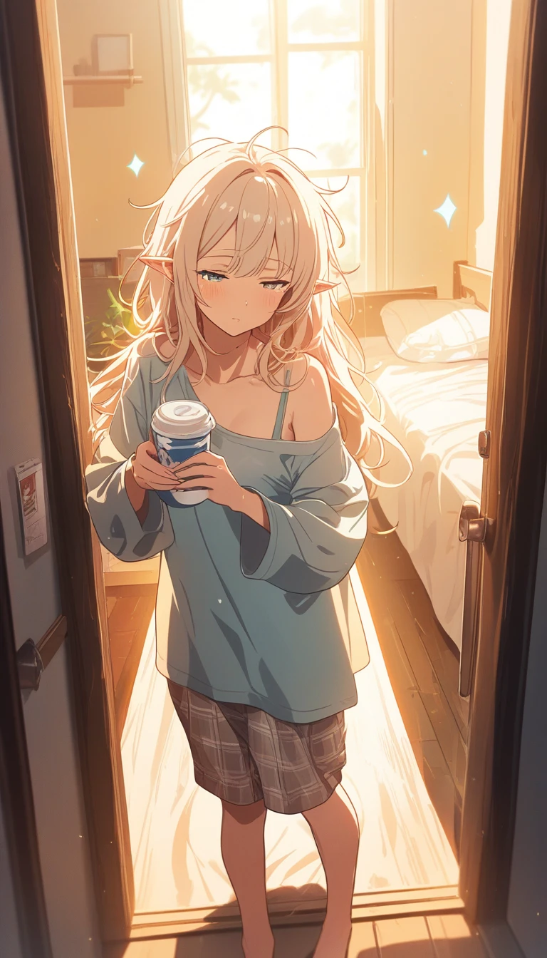 眠そうなアニメ少女が居心地のいいアパートの入口でミルクを注ぐ