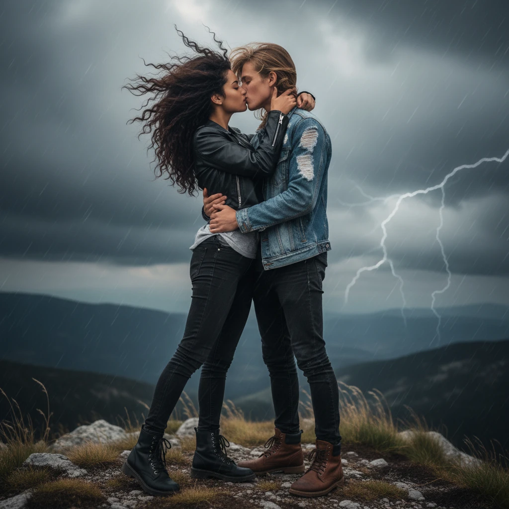 Pareja adolescente besándose en la cima de una montaña tormentosa