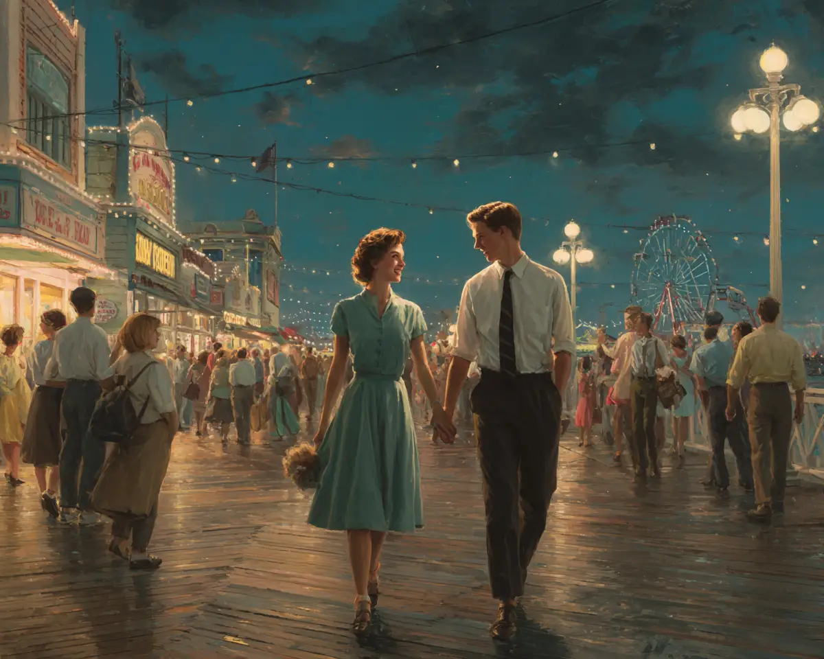 Jeune couple amoureux sur une promenade de nuit des années 1950
