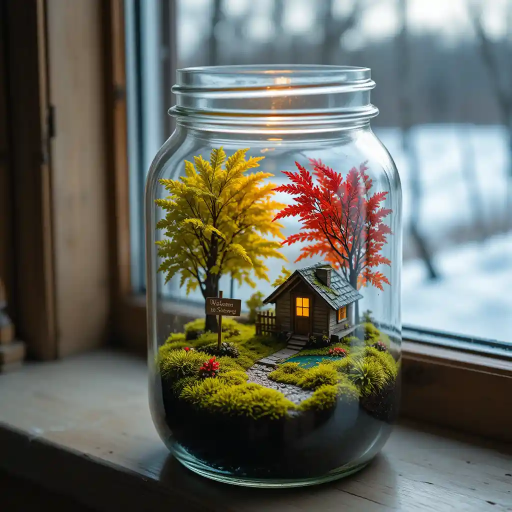 Diorama in barattolo di vetro con una minuscola scena di cottage primaverile