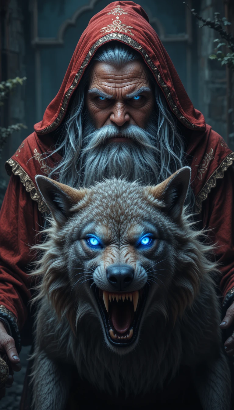 Velho mago de manto vermelho com olhos azuis brilhantes
