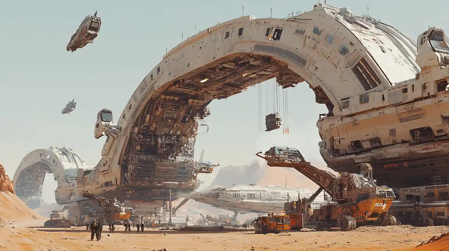 Gigantic spaceships docked at a futuristic desert refit station