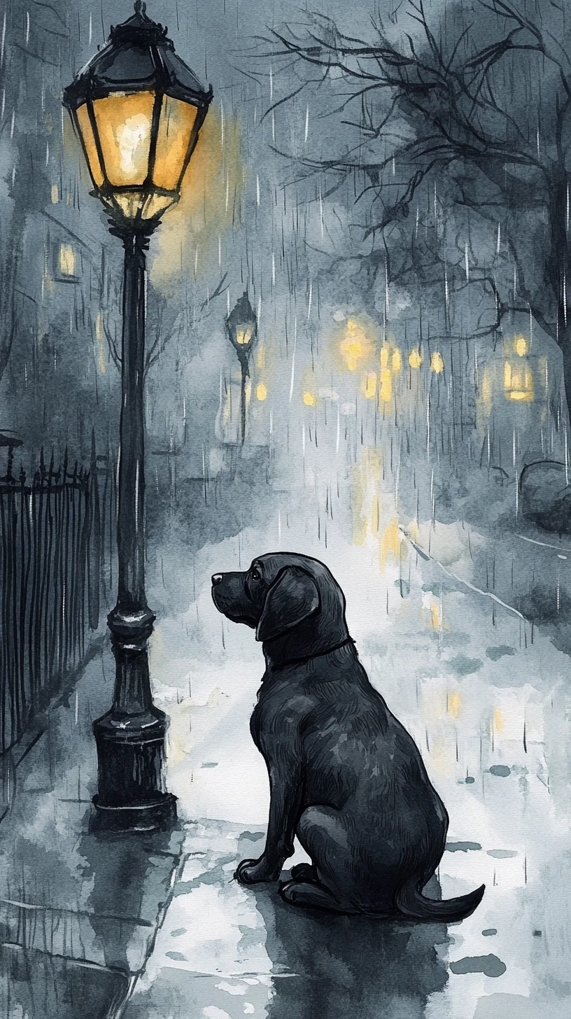 Black puppy under a street lamp on a rainy corner