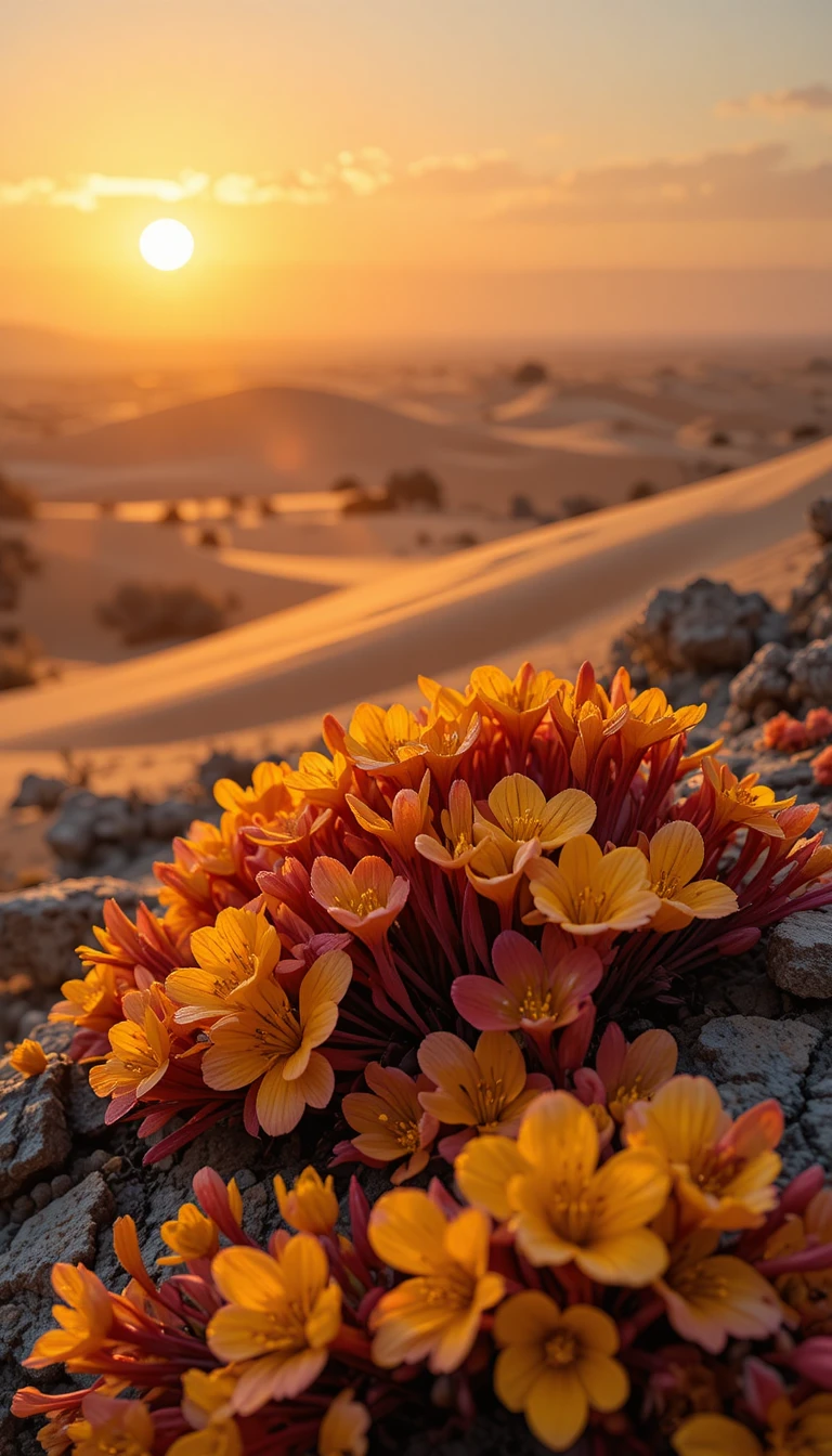Desert flowers glowing in warm golden evening sunlight