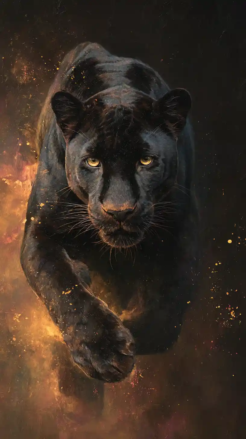 Black panther leaping through blazing hoop in dark close up