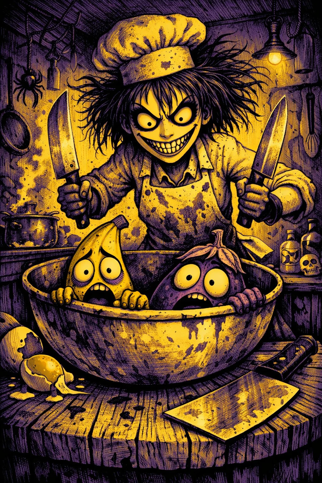 Sinister young chef menacing panicked cartoon vegetables