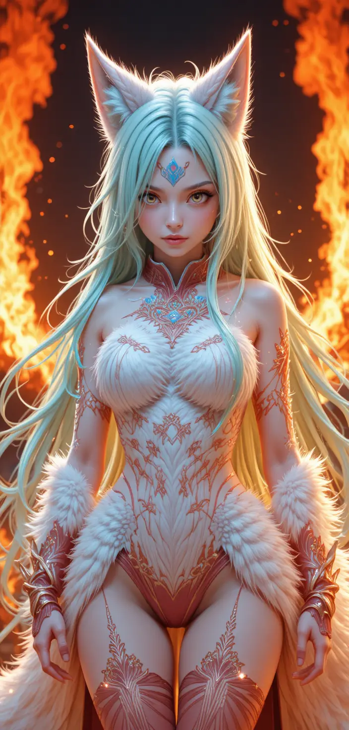 Guerreira de anime com runas em chamas e membros cobertos de pelos