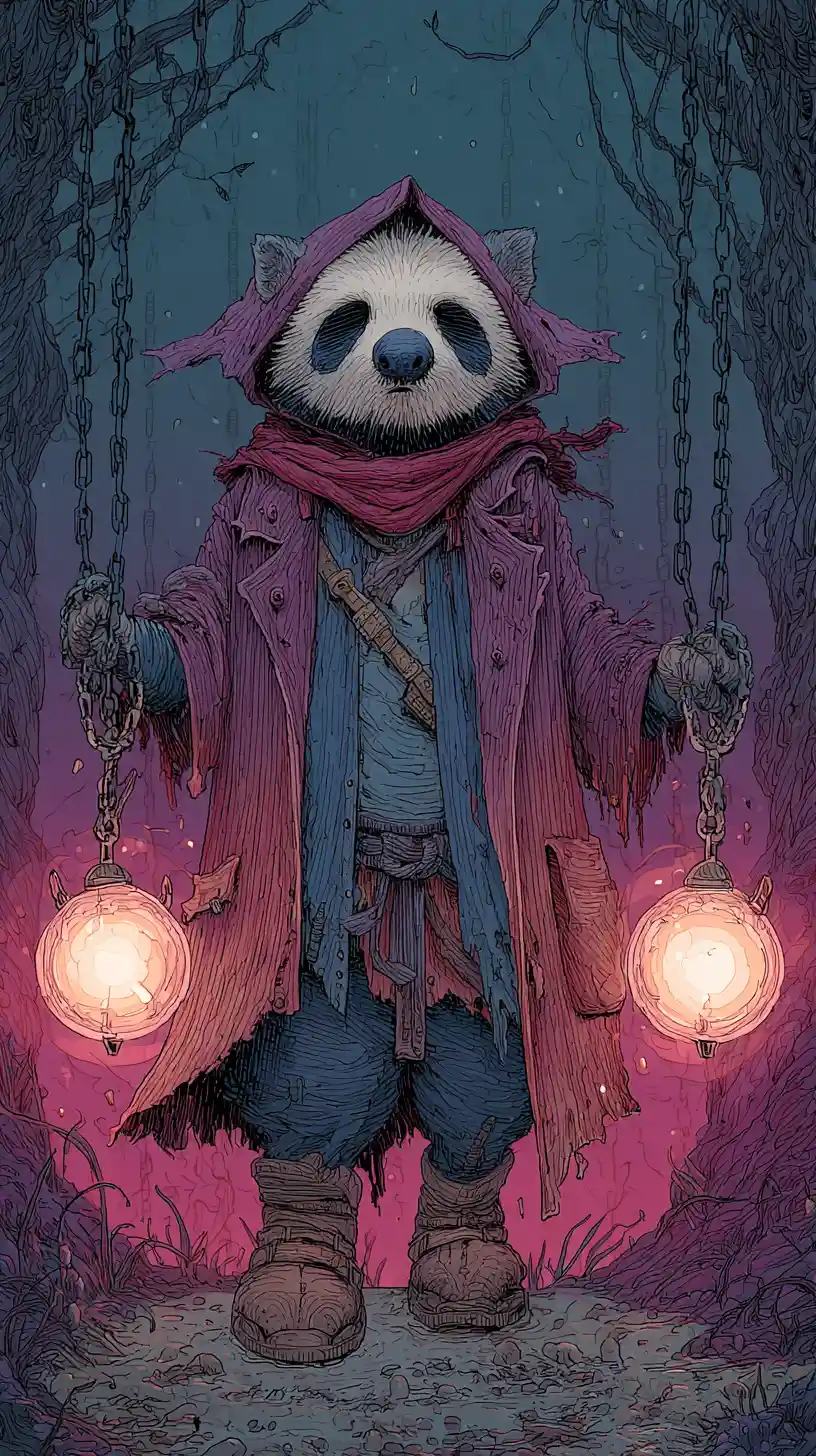 Shrouded creature carrying glowing lanterns in a dark forest