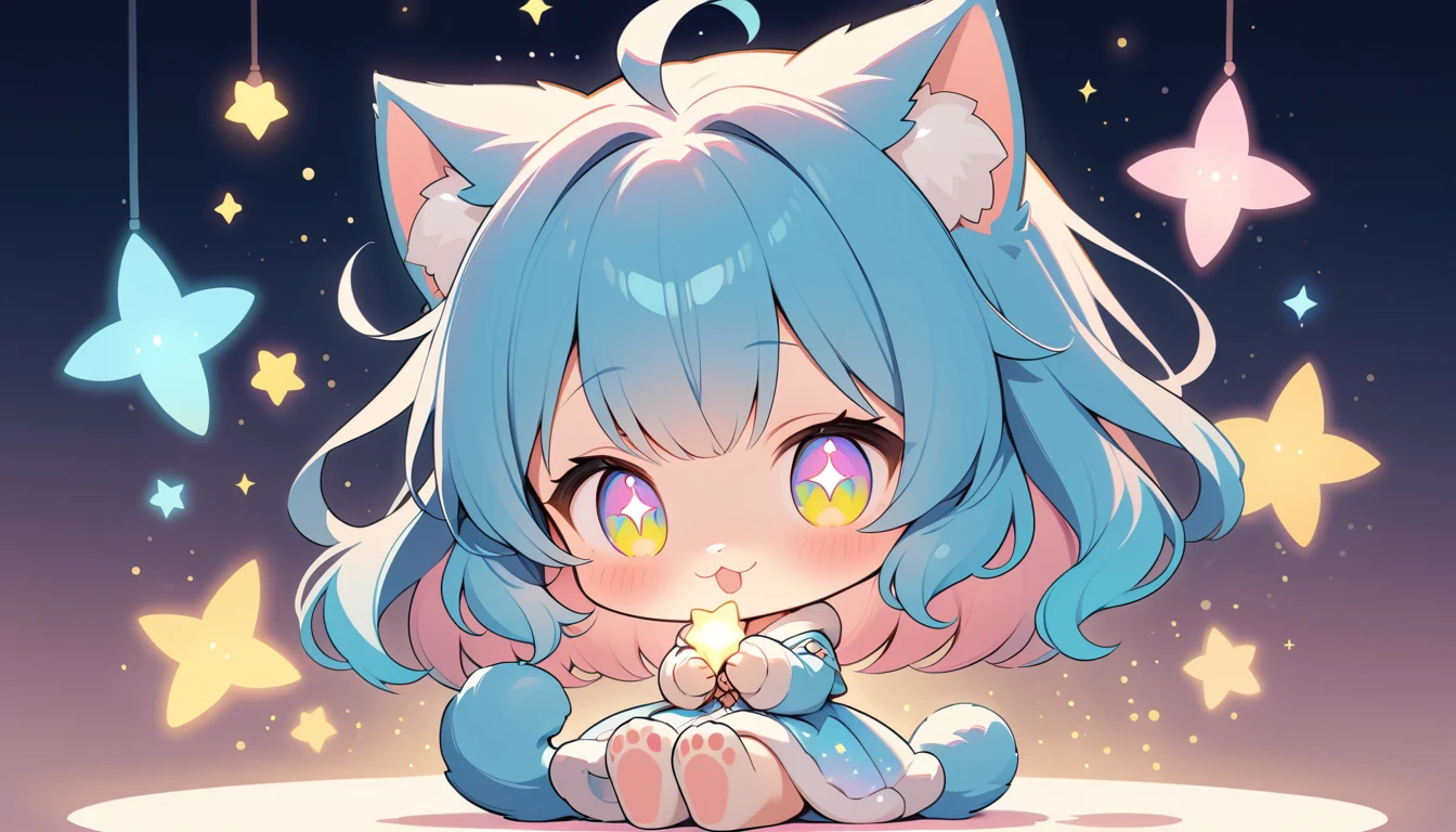 Chibi anime cat girl casting soft sparkling magic