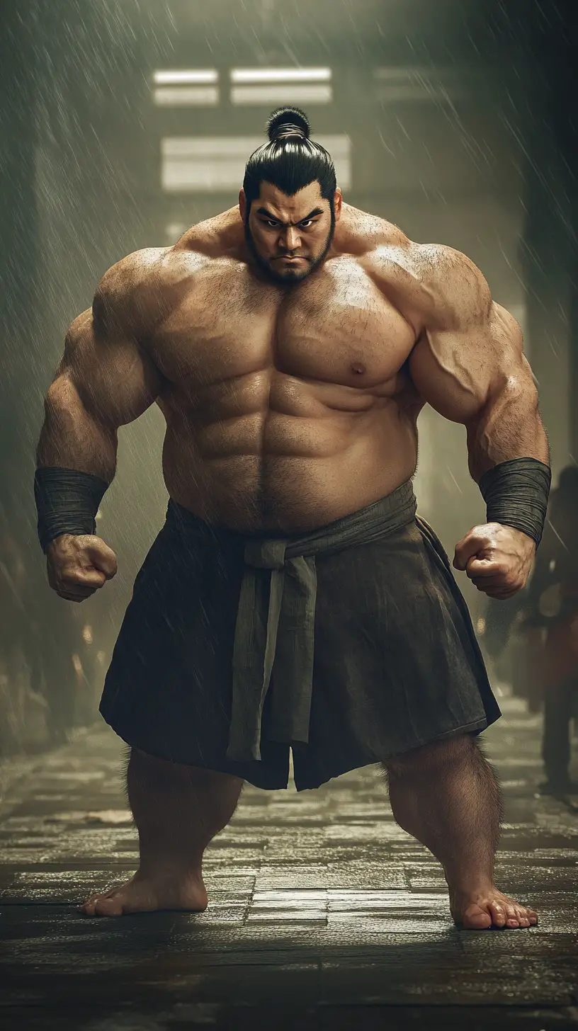 Potente lottatore di sumo in dinamica posa di combattimento anime
