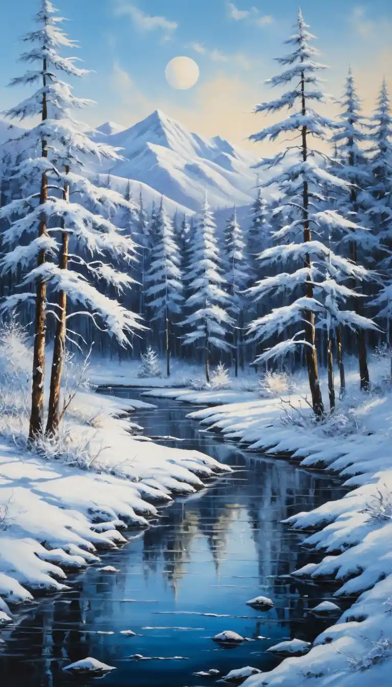 Serene Acrylic Painting Of A Vibrant Winter Landscape