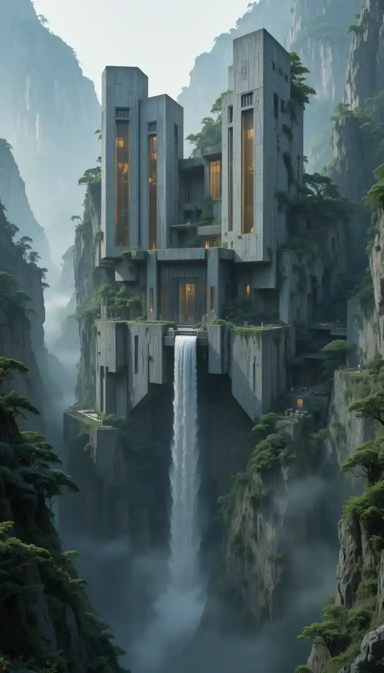 Futuristic brutalist sanctuary carved into towering mountain cliffs