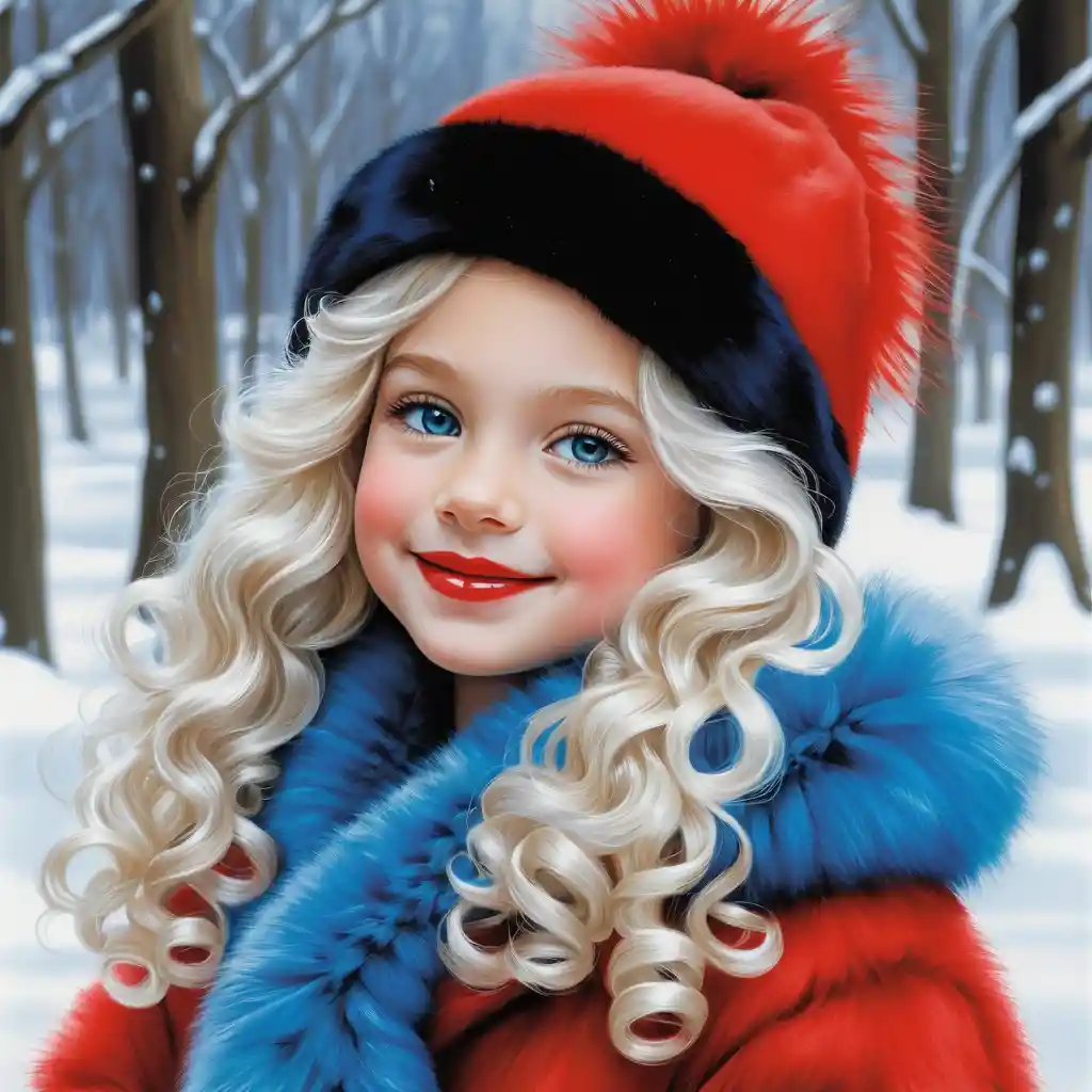 Smiling Winter Girl In Red Fur Coat Illustration