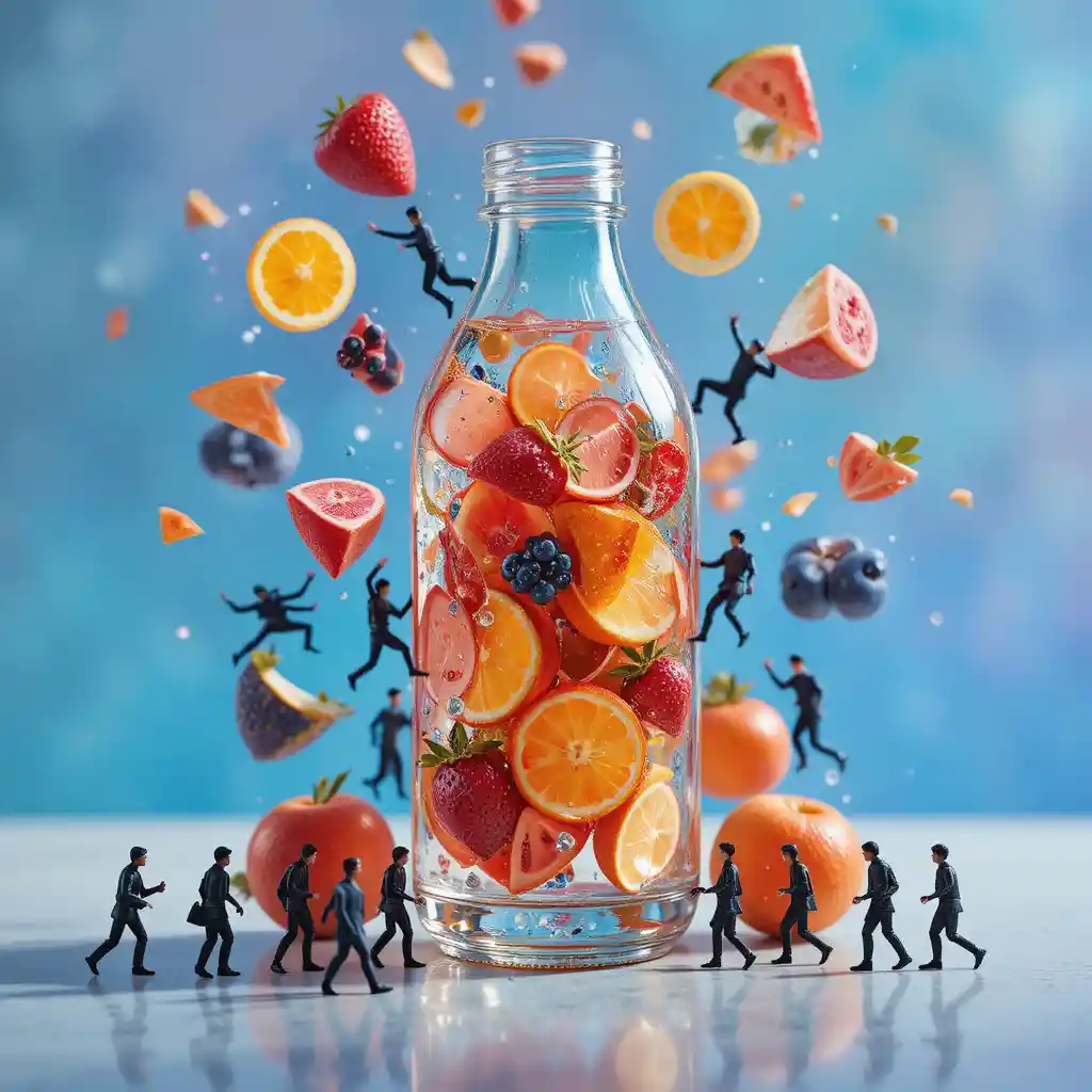 Glass bottle with tiny figures and flying fruit slices
