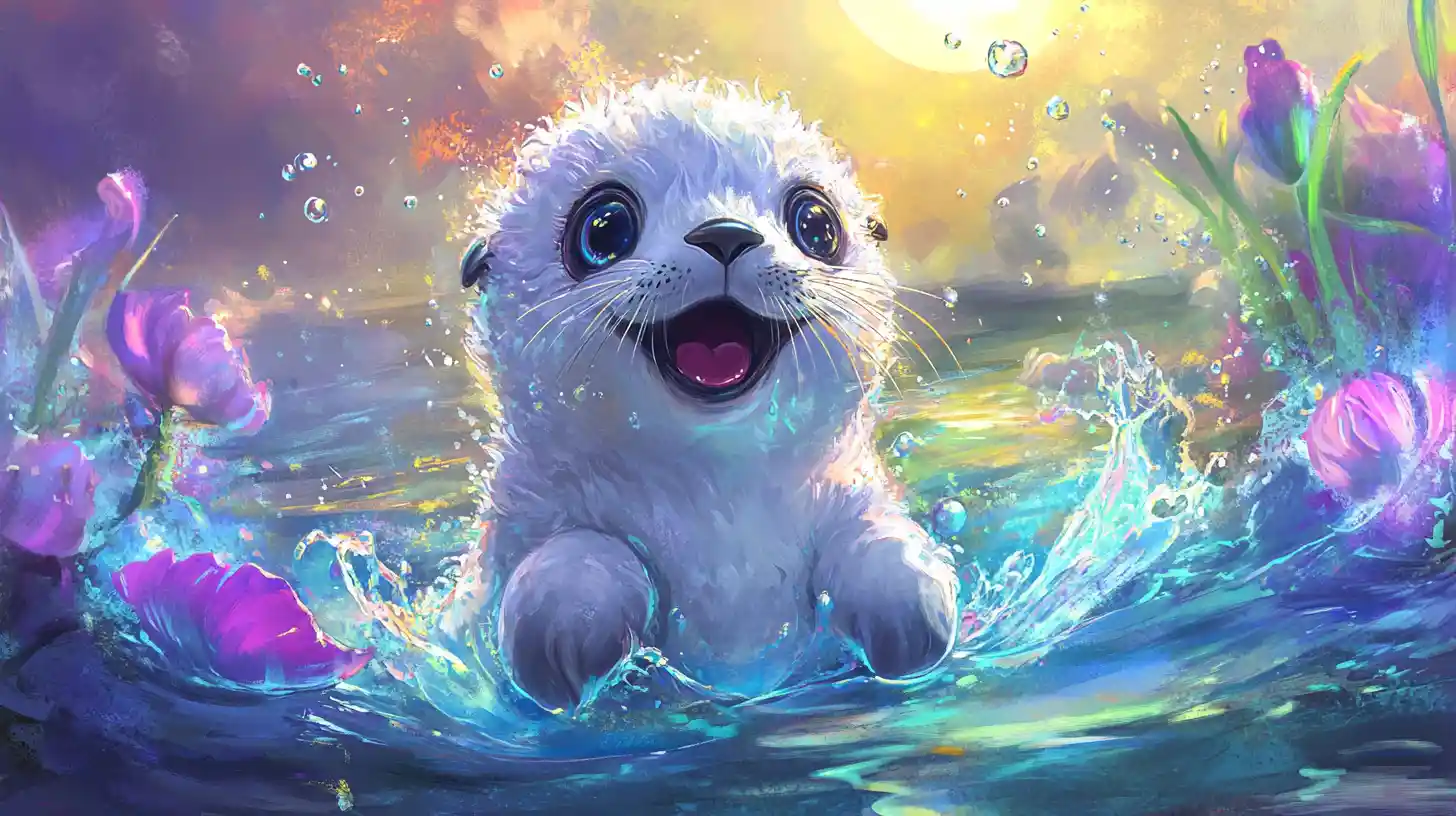 Playful baby seal chasing fireflies in moonlit pool