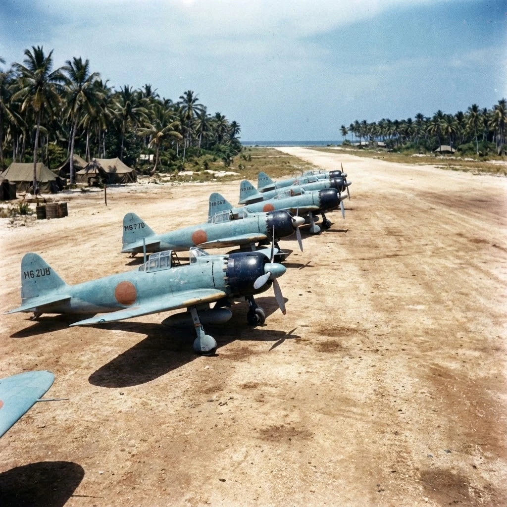 Caccia A6M Zero del Pacifico della Seconda Guerra Mondiale in un cielo blu del mattino