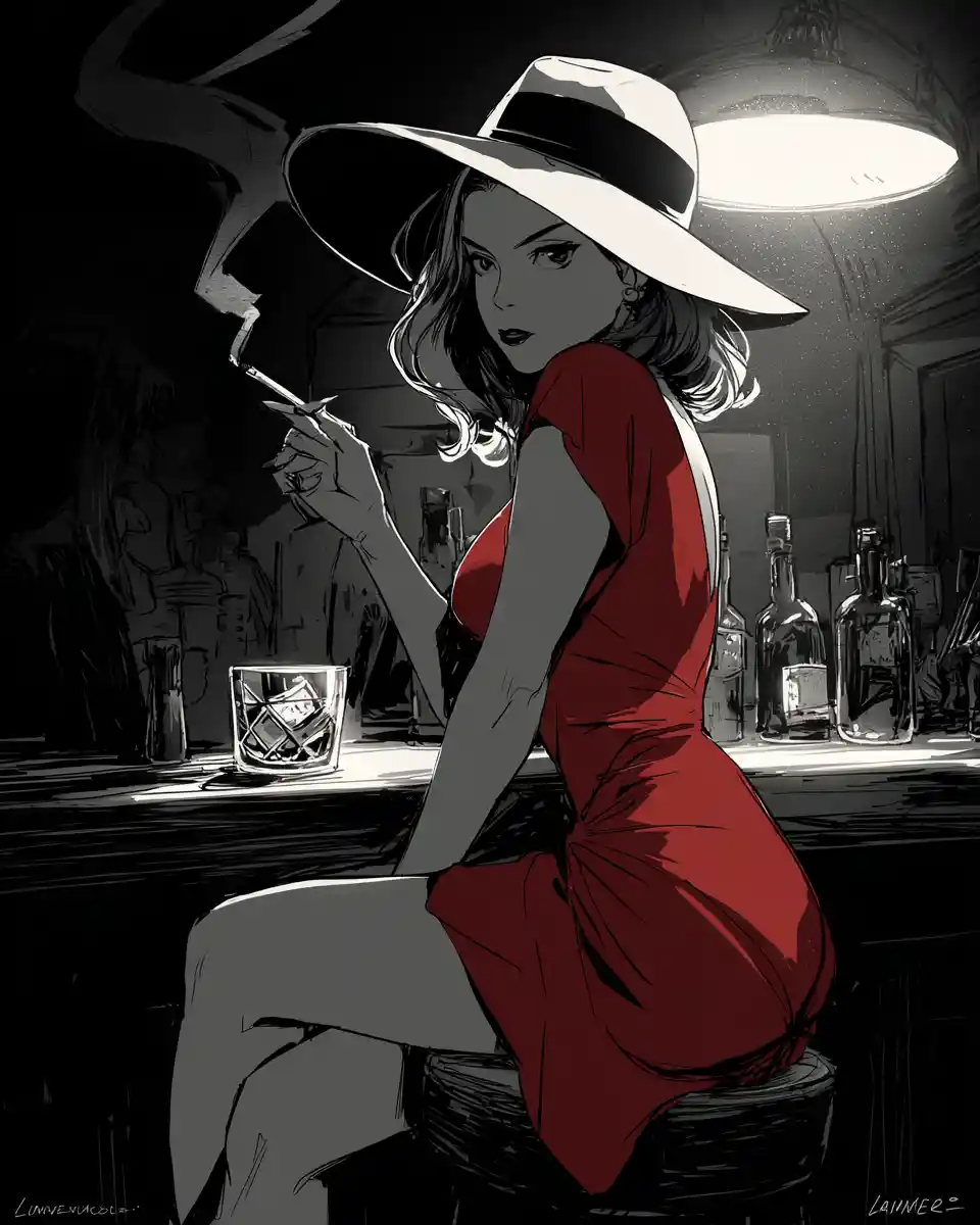 Mulher misteriosa de vestido vermelho em bar noir esfumaçado