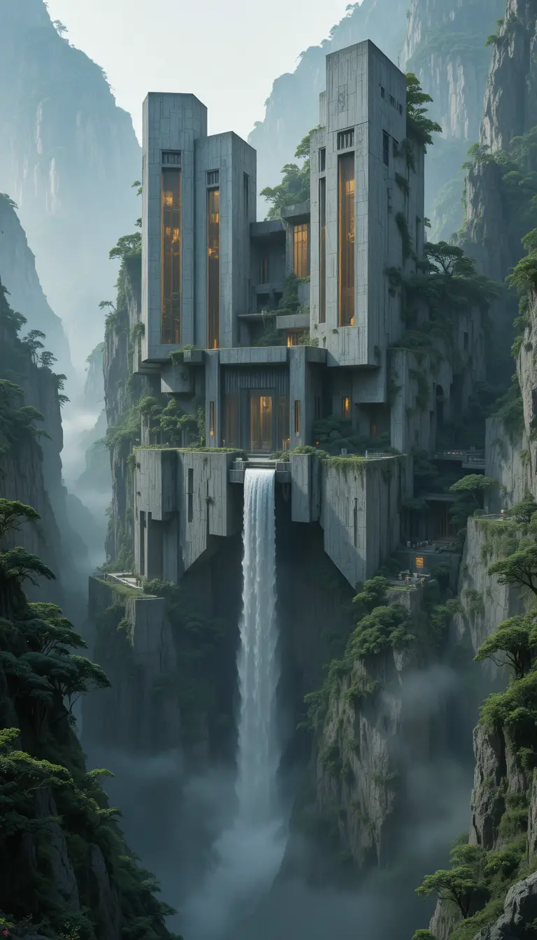 Futuristic brutalist sanctuary carved into towering mountain cliffs