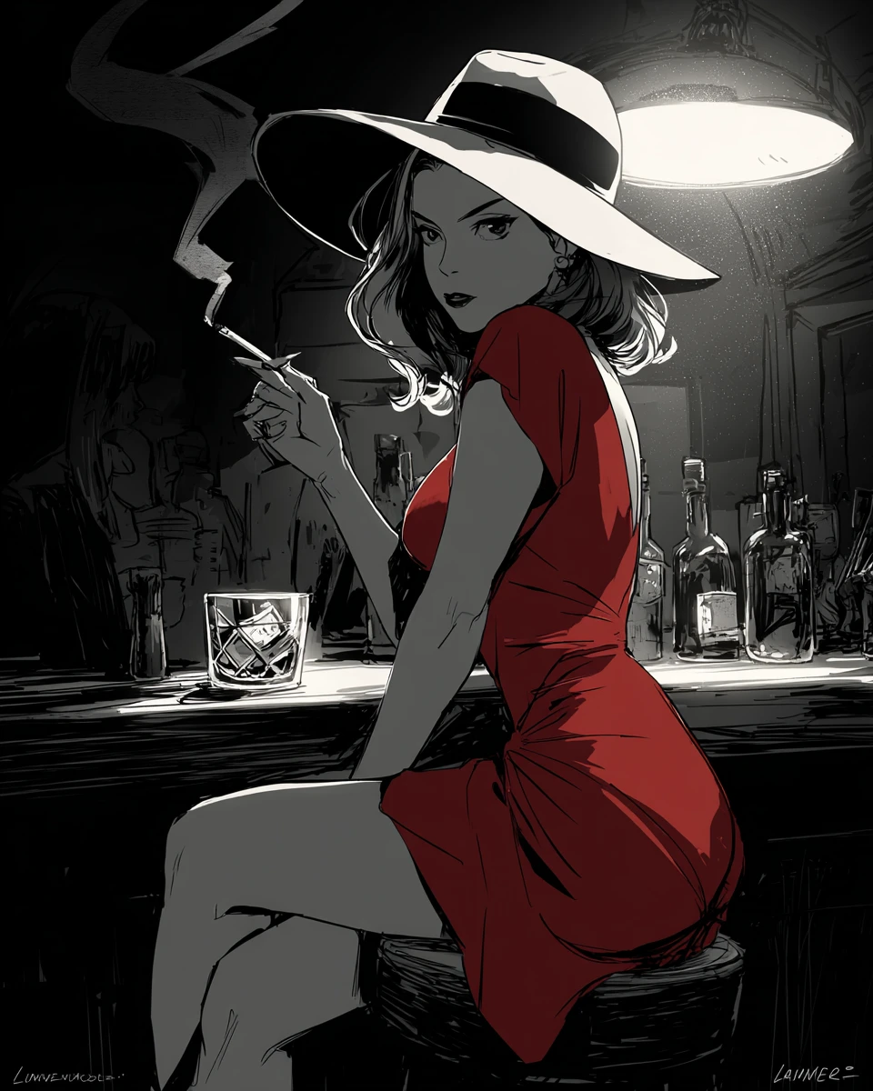Mulher misteriosa de vestido vermelho em bar noir esfumaçado