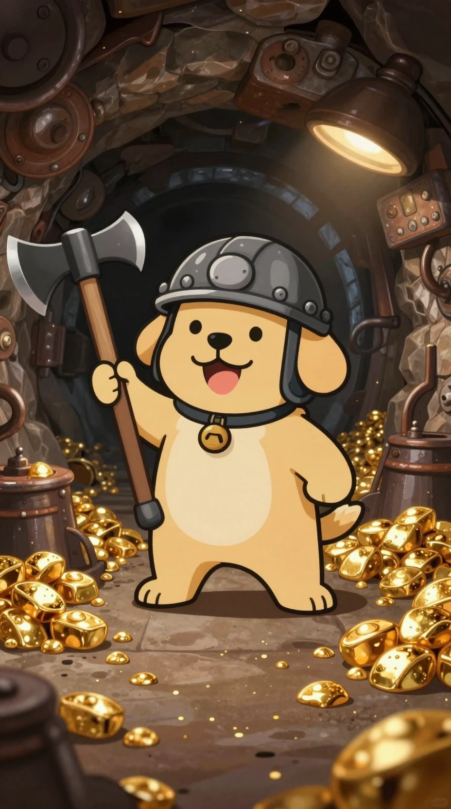 Cane minatore cartoon che sorride in un tunnel pieno d’oro