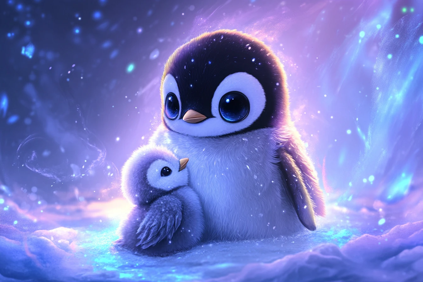 Madre pinguino onirica che culla il pulcino in una luce glaciale
