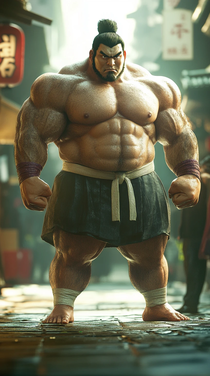 Potente lottatore di sumo in posa da combattimento di strada in stile anime