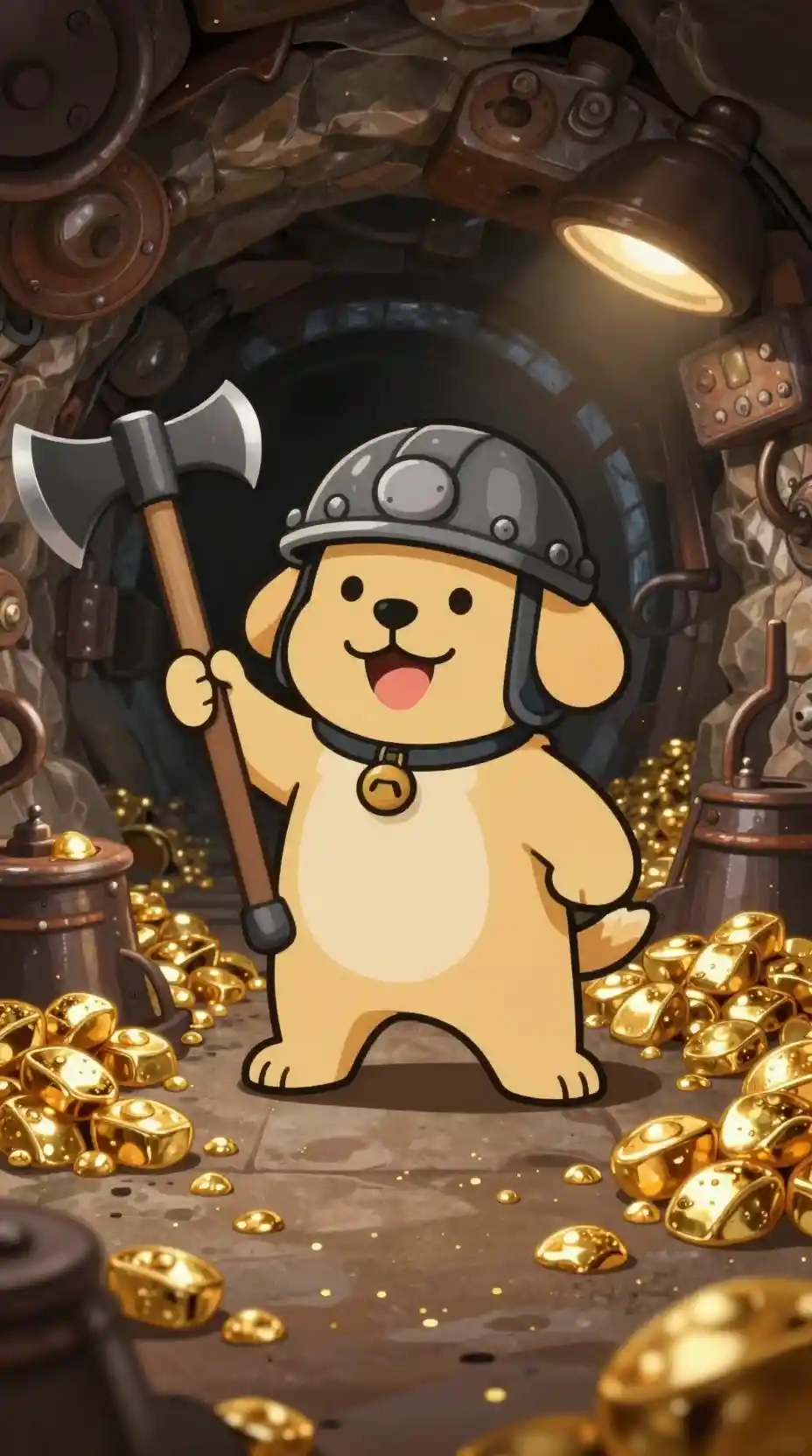 Cão minerador em desenho animado sorrindo em um túnel cheio de ouro