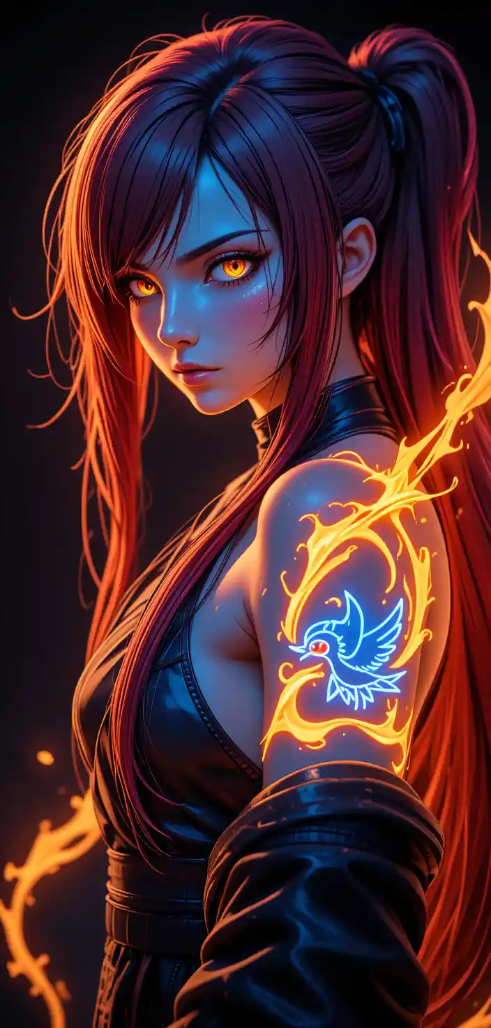 Side portrait of fierce anime warrior with neon flames