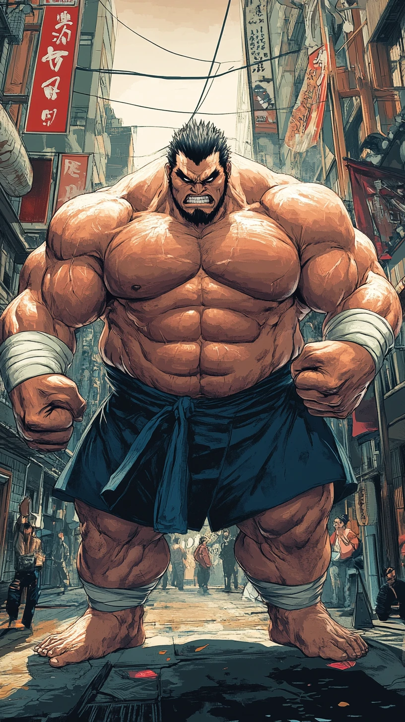 Guerreiro de sumô em anime em postura de luta poderosa